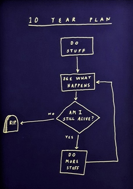 10 Year Plan flowchart. Do stuff leads to see what happens which leads to the question am I still alive? If no, Rest in Peace. If yes, do more stuff then loop back to see what happens.